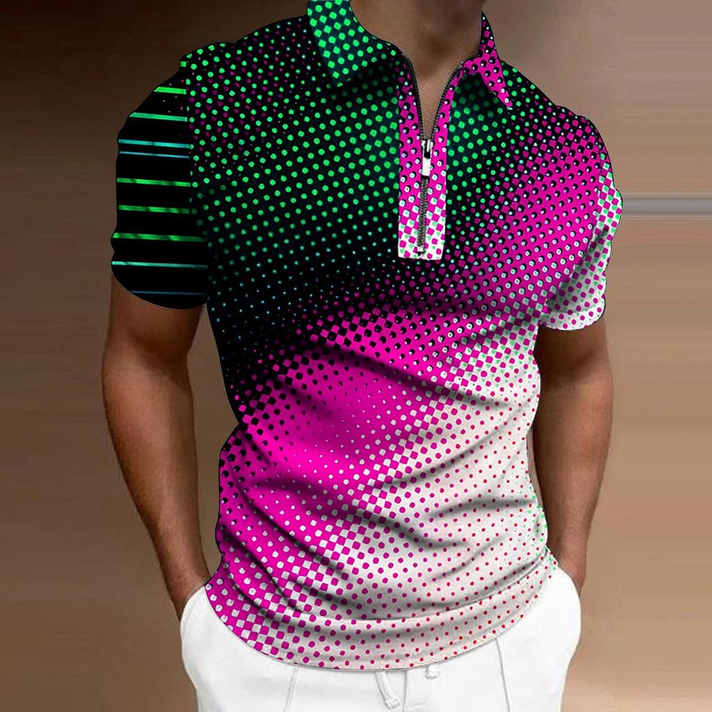 Мужская рубашка-поло, повседневная рубашка на молнии с коротким рукавом, модная повседневная рубашка на молнии на лето и весну, стандартная посадка, рубашка с 3D синим и желтым принтом в горошек