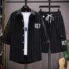 Plus Size 8XL Men's Summer Suit Short-sleeved Shirt Men's Striped Shirt and Shorts Fashion Suit