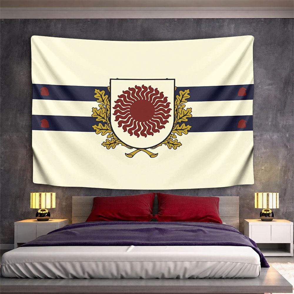 A shield with a red sunburst, flanked by golden oak leaves and blue stripes. Patterned tapestry for bedroom and living room home decor