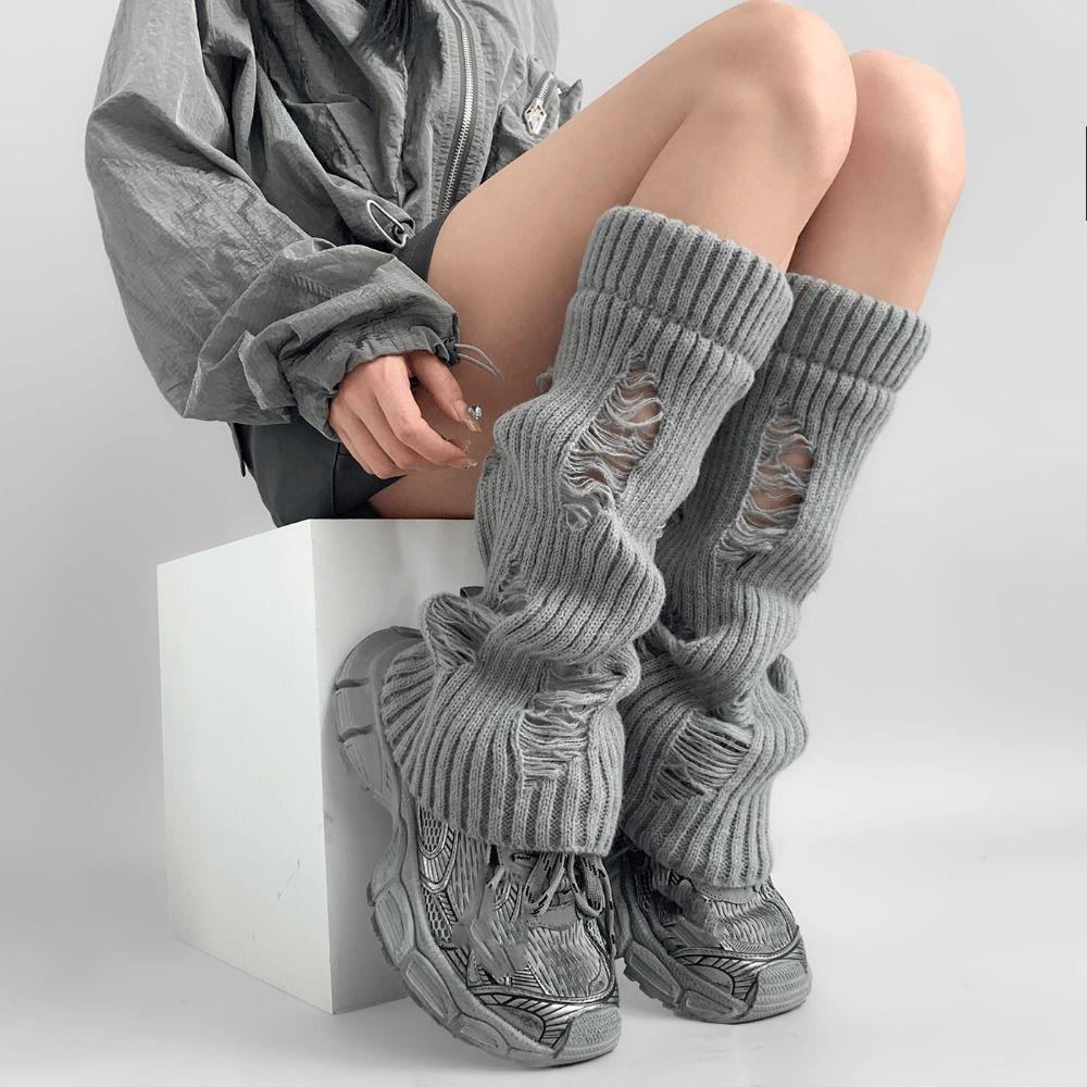 Pile Up Knitted Broken Hole Socks Subculture Mid Tube Socks Elastic Leg Warmers Women Winter