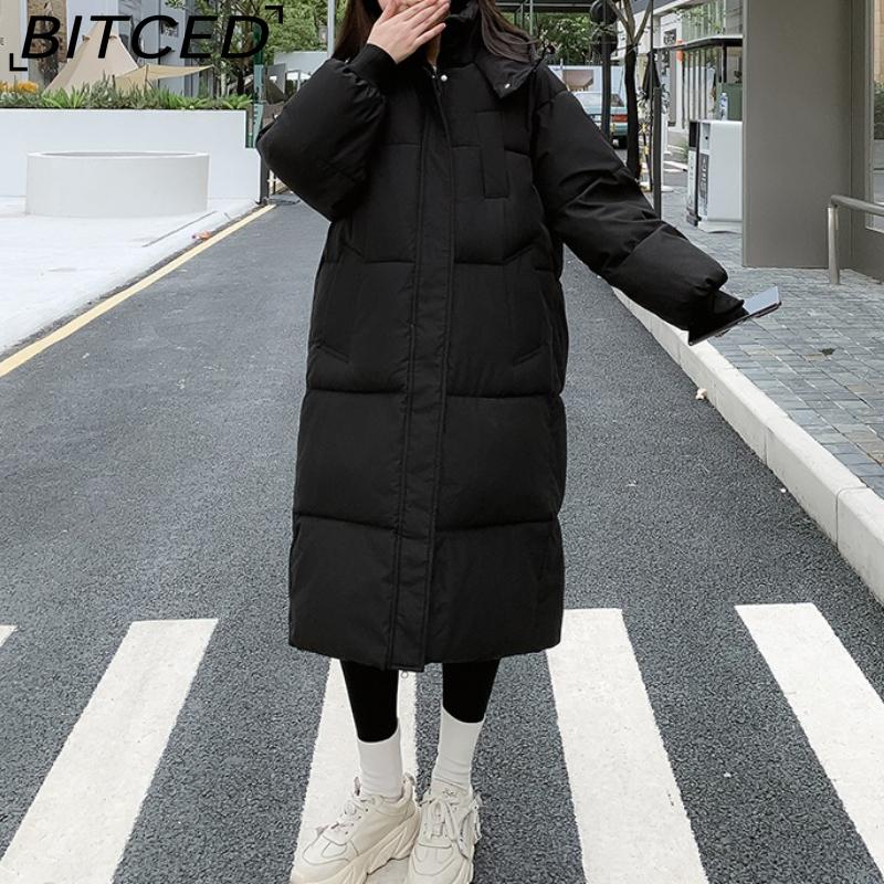 BITCED Long Down Jacket with Quilted Cotton Lining - Women's Loose-Fit Winter Coat - Thickened Cotton-Padded Outerwear