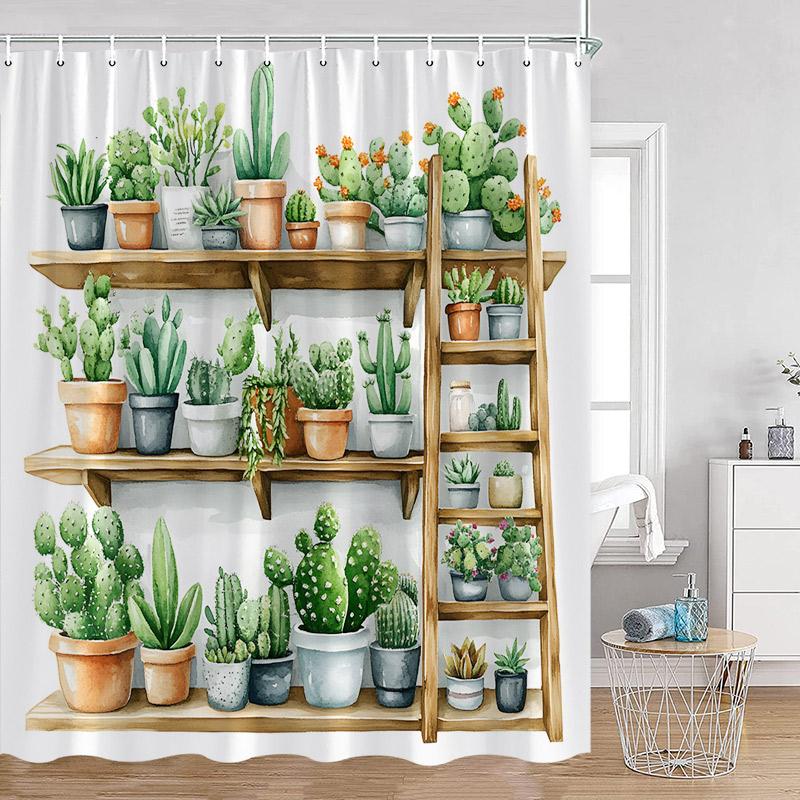 Шторка для душа с растениями Кошки Зеленые комнатные растения Листья Кот на унитазе Современный декор для ванной комнаты Полиэстеровая ткань Занавеска для ванны