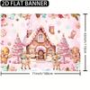 1pc Christmas Party Background Banner - Pink Gingerbread House and Candy Land Scene - Multi purpose Festival Party Decoration