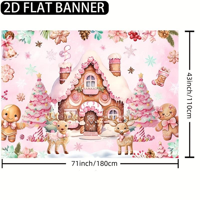 1pc Christmas Party Background Banner - Pink Gingerbread House and Candy Land Scene - Multi purpose Festival Party Decoration