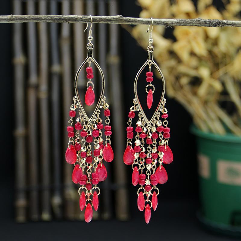 Bohemian Long Earrings Women'S Style Fashion Exaggerated Water Drop Fringed Earrings Temperament Ear Jewelry