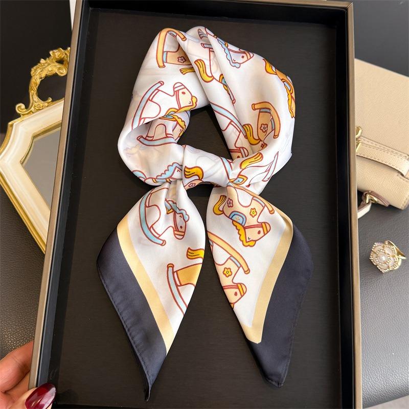 Korean Style Cute Trojan Printed Silk Feel Square Scarf For Women