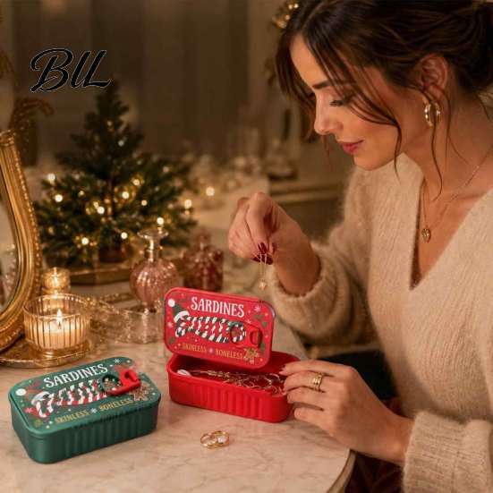 Holiday Desktop Ornament Christmas Sardine Tin Shaped Jewelry Box, Portable Travel Jewellery Storage Case with Compact Container Fish Bone Divider,