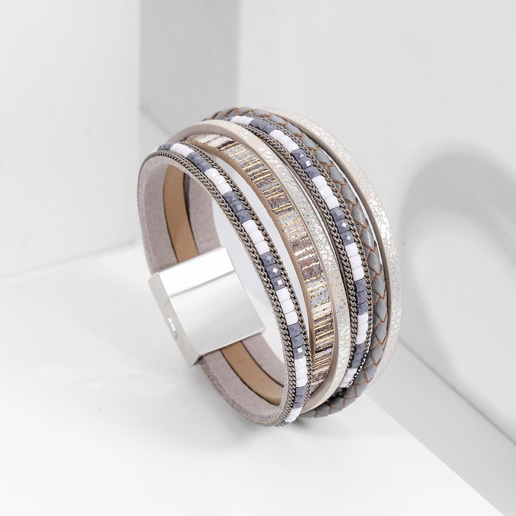 Богемский плетеный кожаный браслет ручной работы, женский, сплав, магнитная застежка, многослойный ПУ-браслет, многоцветный, на выбор