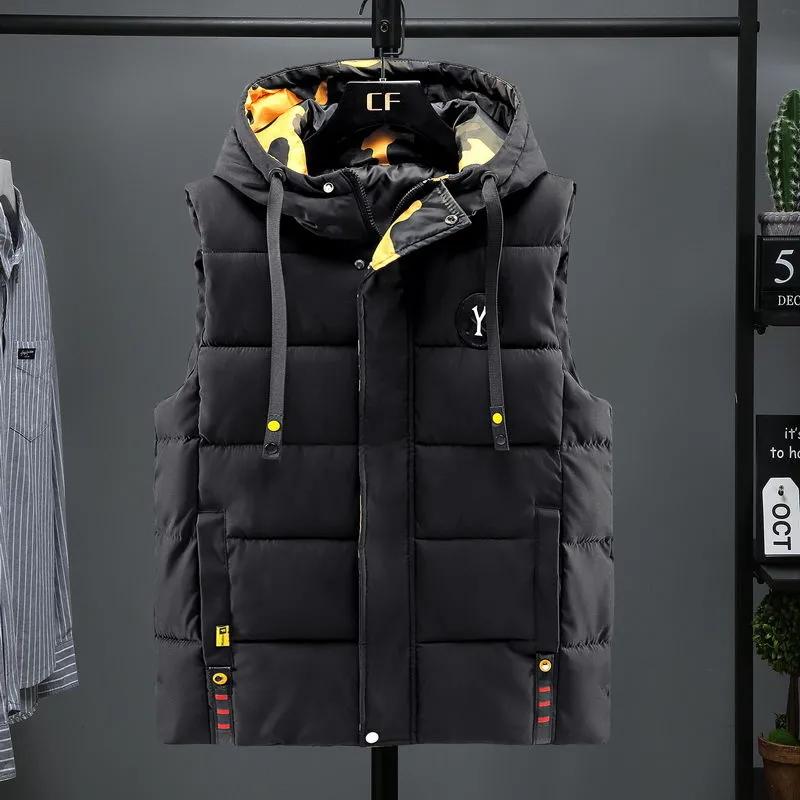 Men's Winter Vest Cotton Warm Sleeveless Coat Hat Detachable Padded  Waistcoat Work Wear Male High Quality Clothes 5XL