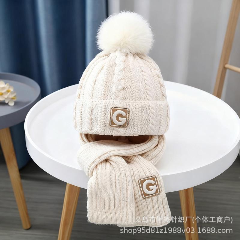 Children's hats, winter new products, boys and girls scarves, two-piece set, knitted warm and versatile G-standard wool hat set