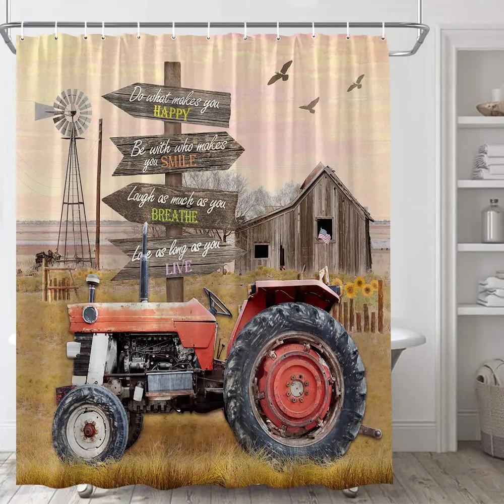 Rustic Shower Curtain Old Wooden Barn with Rusted Tractor Hillside Wooden Fence and Trees Cloth Fabric Bathroom Decor with Hooks