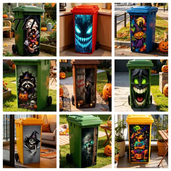 Outdoor Festive Atmosphere Decor Halloween Wall Stickers Trash Can Decal Stickers, Spooky Skull Ghost Horror for Bins Decals Garbage Cans, Waterproof