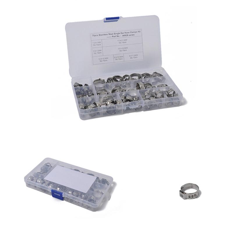 70 шт., 7 размеров, хомуты для шлангов с одним ухом из нержавеющей стали, набор обжимных хомутов, ушные зажимы, кольца, обжимные кольца