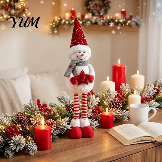 Festive Party Supplies Christmas Plush Snowman with Extendable Legs, Sequins Hat Holding Star Decor Doll, Standing Long Legs Xmas Decoration