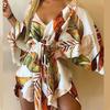 Asymmetrical Hem Elegent Beauty Lady Dress Tropical Print Sexy Women Dress Tie Front V Neck Mini Dress Beachwear