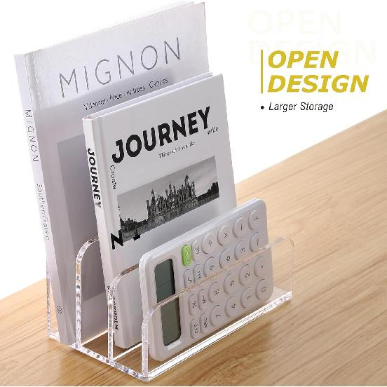 SANRUI Acrylic Mail File Organizer Sorters for Desk, 3 Upright Compartments Laddered Clear Desktop Vertical Letter Holder, Multifunction Envelope