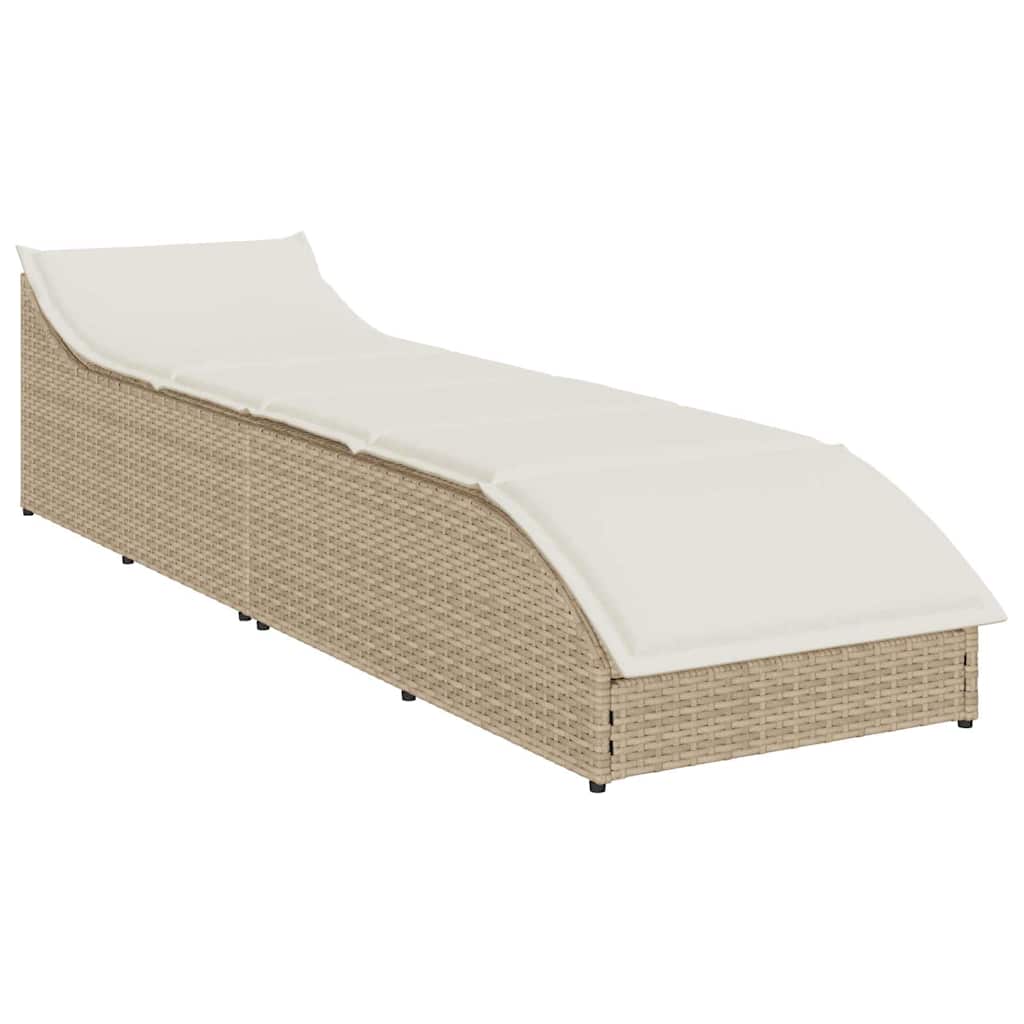 Folding Sun Lounger with Cushion and Storage Space Beige Poly Rattan
