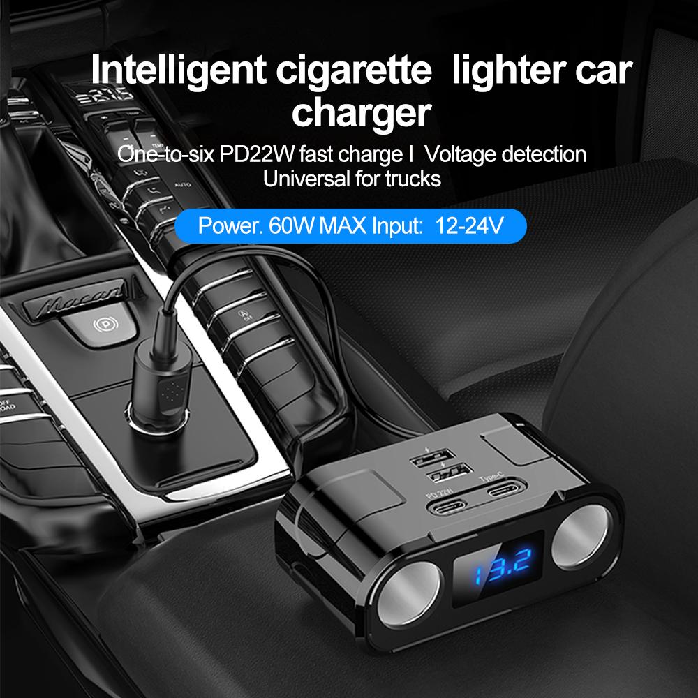 Car Socket Splitter Plug LED PD QC3.0 USB Fast Charger 4 Port Socket 12V/24V with Voltmeter Extension Cable