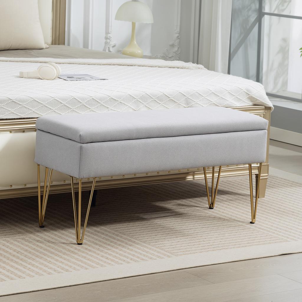 Fabric Storage Bedside Bench, Steel Legs, 100x40x49 cm, Light Grey