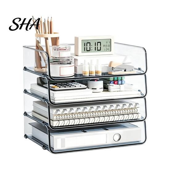 Desk Space Saving Box Clear Acrylic File Organizer Tray, 1/2/3/4/5 Tier Paper Ducument Compact Storage Box, Stackable Office Supplies Rack Desktop