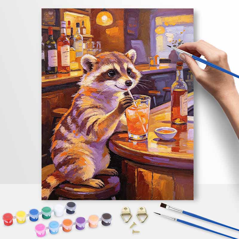 Oil painting DIY digital painting handpainted cute raccoon drinking juice bar counter living room hallway decorative wall hanging
