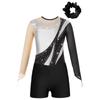 Kids Girls Metallic Long Sleeve Gymnastics Leotard with Shorts Hair Scrunchie Dance Unitard Biketards Dancewear