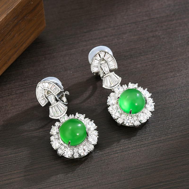 New Chinese Yang Green Jade Egg Noodle Ear Clips Full Of Diamonds Inlaid With Light Luxury Banquet Versatile Extravagant Earrings Earrings Women