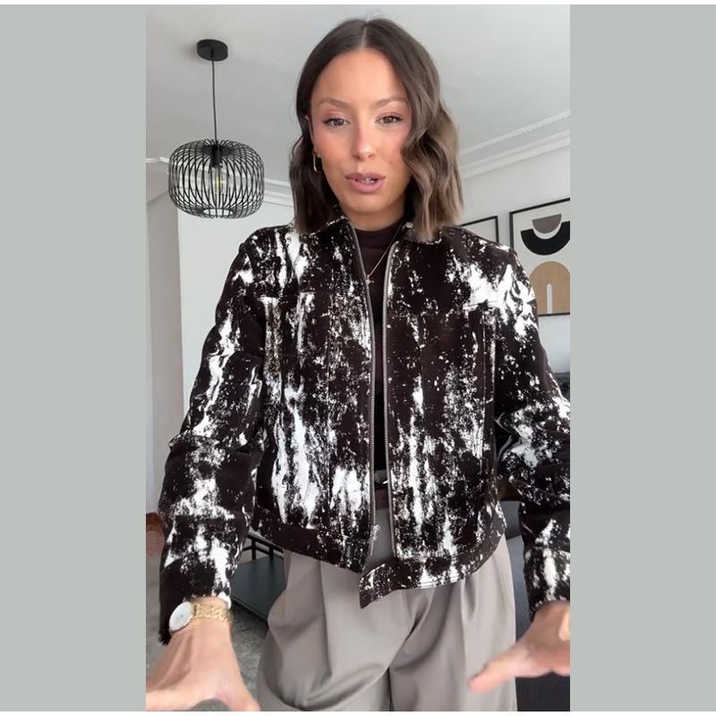 Irregular Printing Zipper Long Sleeved Jacket Women Casual Turndown Collar Short Coat Fashion Street Style 2025 Spring and Summer New