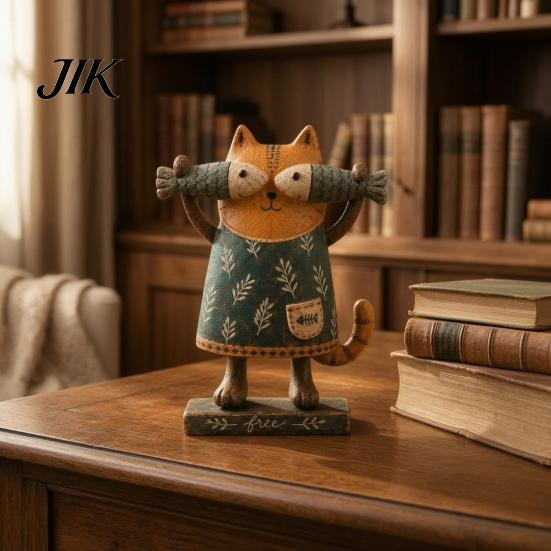 Durable Resin Sculpture for Desk Rustic Farmhouse Cat Figurine with Fish, Holding Fish Statue, Vintage Small Shelf Statue Living Room Hand Painted
