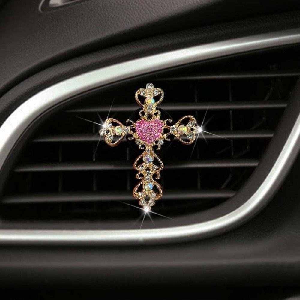 2 Pieces Cross & Heart Shape Car Vent Clips Bling Diamond Car Accessories  Serve As a Gift