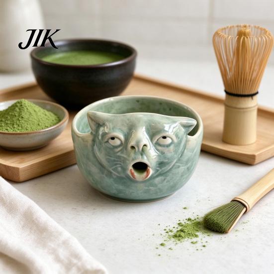 Handmade Matcha Mixing Bowl Ceramic with Spout & Whimsical Cat Face Design, Japanese Chawan Tea for Hot Cold Drinks Iced Latte Green Preparation, Easy