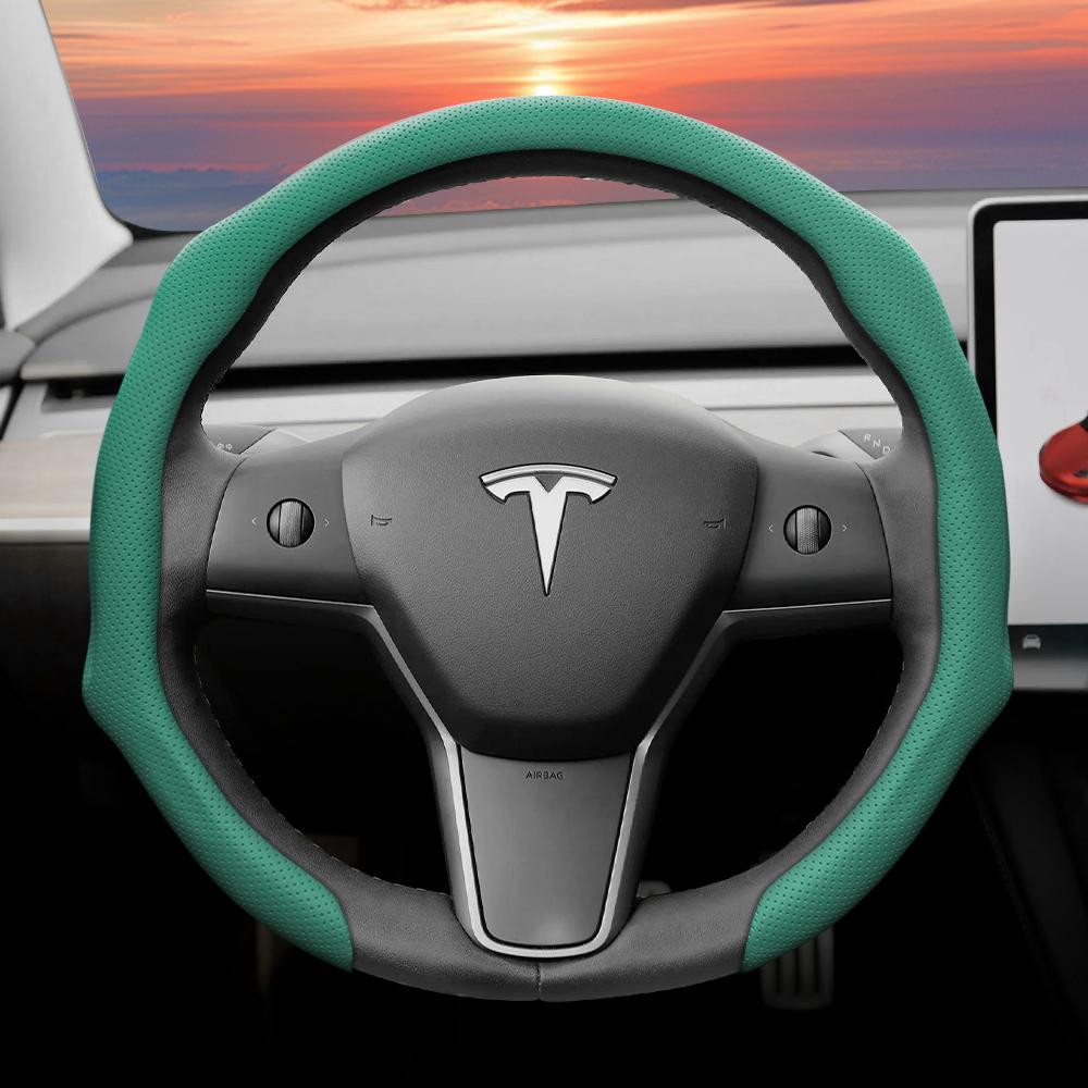 Подходит для Tesla, Чехол на перфорированное кожаное рулевое колесо, Нескользящий, Впитывающий пот, Дышащий, Интегрированный защитный чехол-защелка для Model 3 Y S