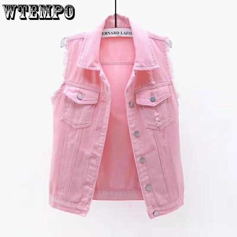 WTEMPO разноцветный повседневный джинсовый жилет, женский модный весенне-летний универсальный тонкий рваный короткий жилет без рукавов с необработанными краями