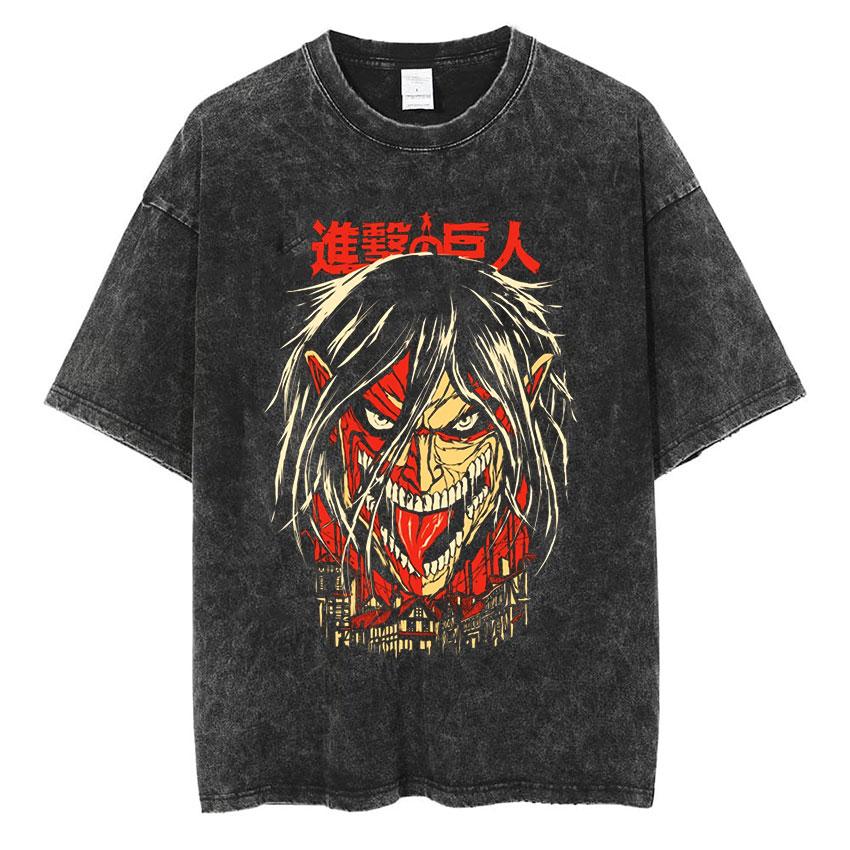 Anime Attack Titan Retro Wash Printed Tshirt Mikasa Ackerman Eren Jaeger Free Wings Pattern Mens Summer Tshirt