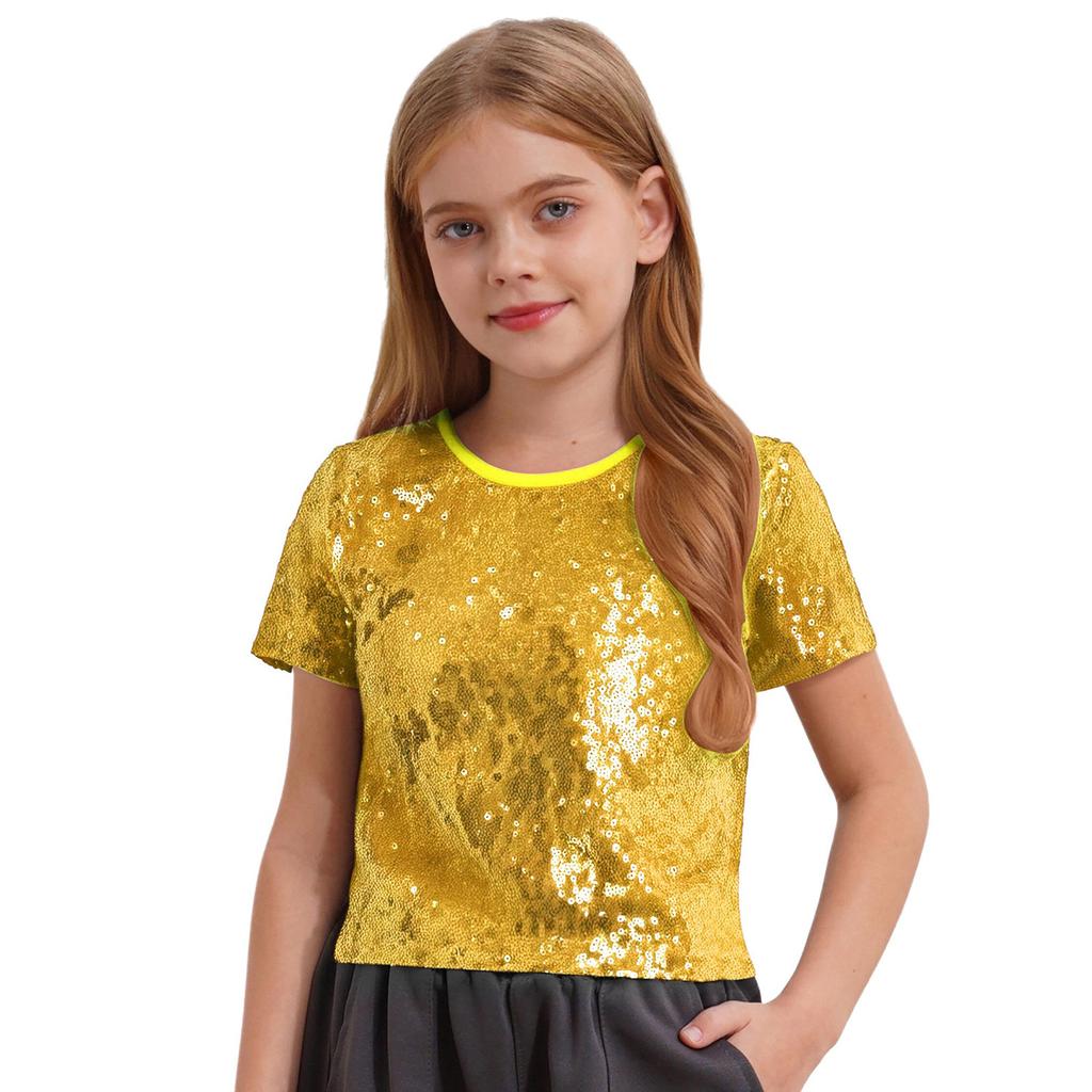 Girls Sparkling Sequin Crop Top Round Neck and Short Sleeves for Hip Hop Dance Costume