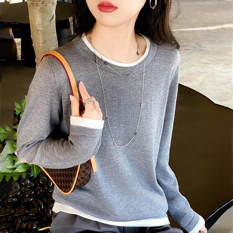 Color-blocking Round Neck Base Shirt for Women Loose Long-sleeved Spring New Worsted Wool Fake Two-piece Knitted Sweater