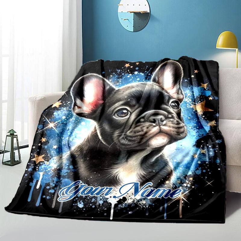 1PC Custom Name "Starry Night French Bulldog" flannel blanket versatile, all-season throw suitable for the living room, bedroom, camping, travel, and