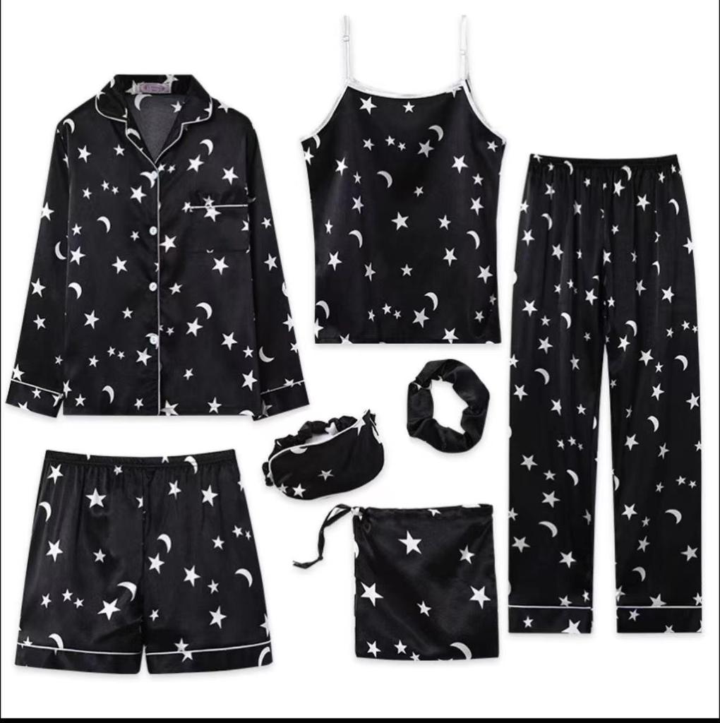 "Korean Striped Women's Seven-Piece Pajama Set for All Seasons"