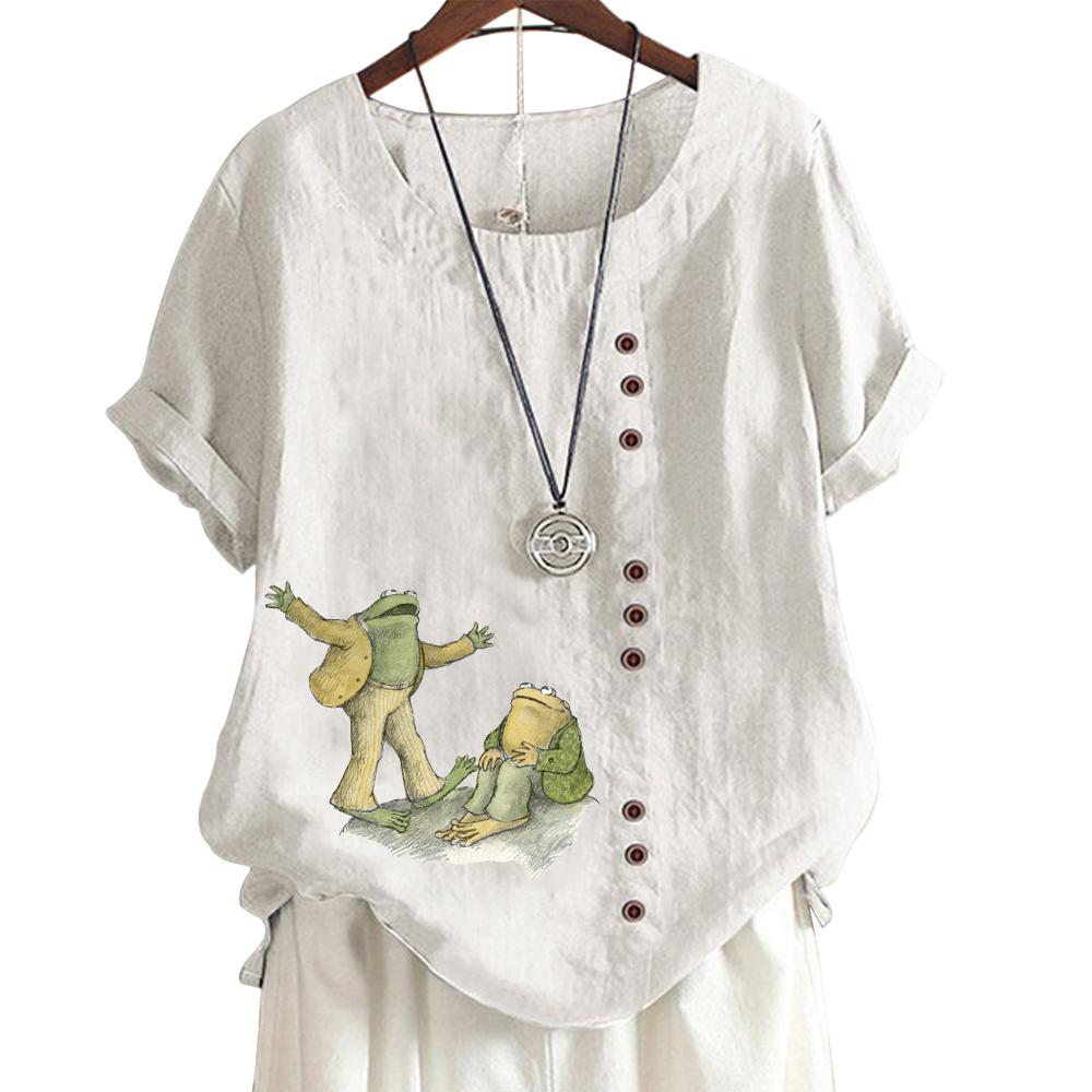 Stylish Pattern Print Women's Comfortable Cotton Linen Casual Tee with Round Neck and Short Sleeves S-5XL