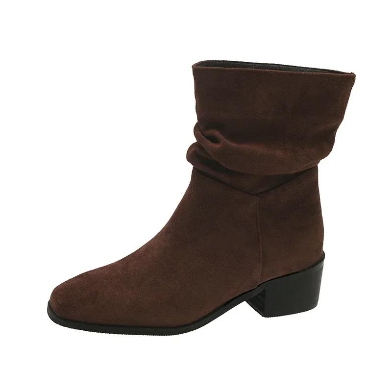 Женские ботинки челси, простые замшевые ботинки до середины голени с круглым носком и квадратным каблуком, удобные осенние ботинки для отдыха на открытом воздухе, 2024, Tendencia