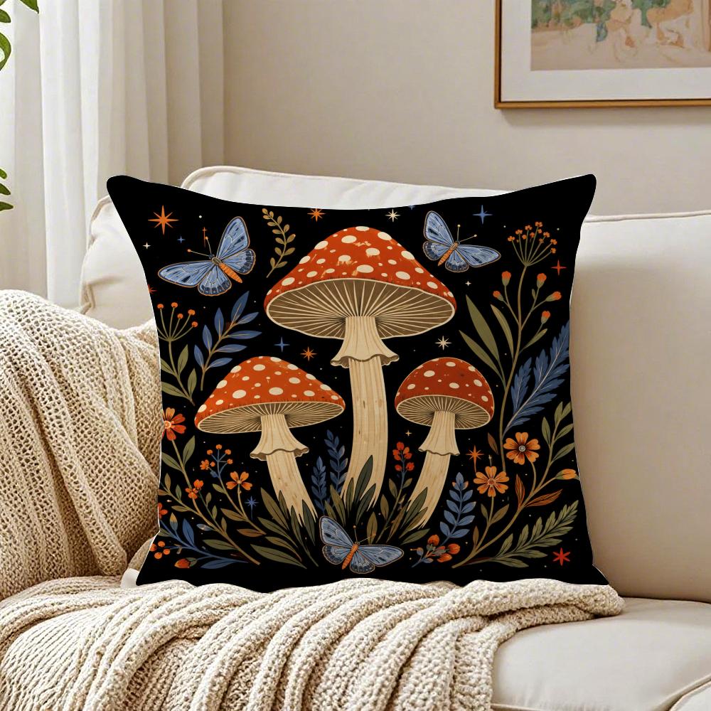 Cottagecore Mushroom Cushion Cover Breathable Organic Short Plush Pillow Case Machine Washable Wrinkle-Resistant Soft Durable