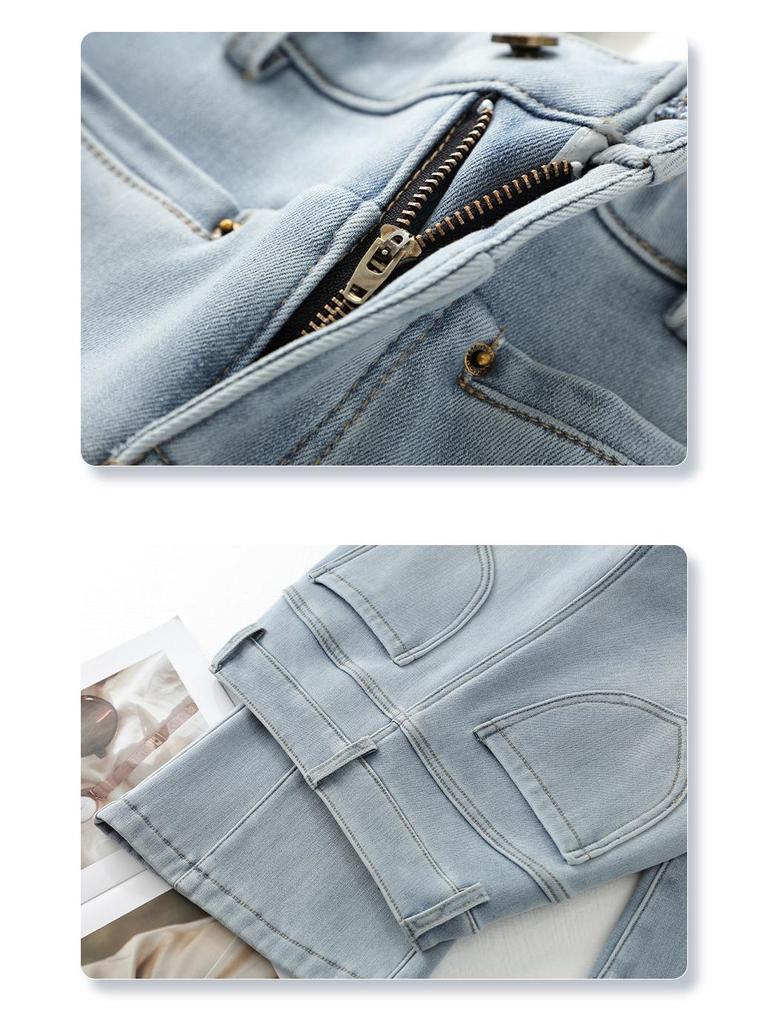 Women's 2024 Light Blue High-Waisted Retro Micro-Flare Jeans with Plus Velvet for Autumn/Winter