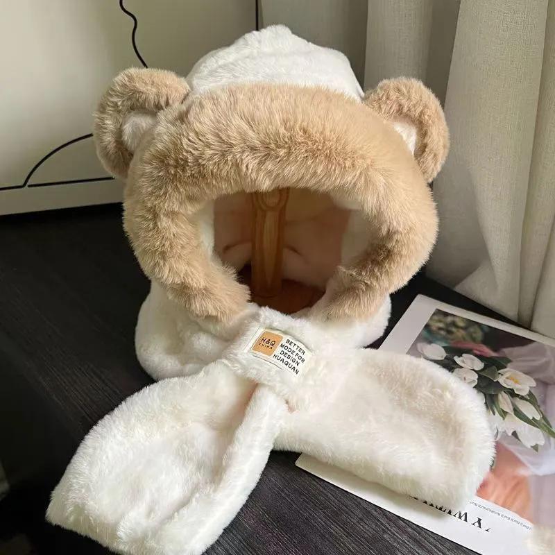 WTEMPO Cold-proof Windproof Cute Bear Scarf Hats Winter Thickened Plush Ear/Head Protection Outdoor Cycling Warm Skiing Hats
