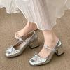 Fashion Japanned Leather Double Bowknot Pumps Women Square Toe Silver Mary Janes Shoes Woman Thick High Heels JK Shoes Tacones De Mujer
