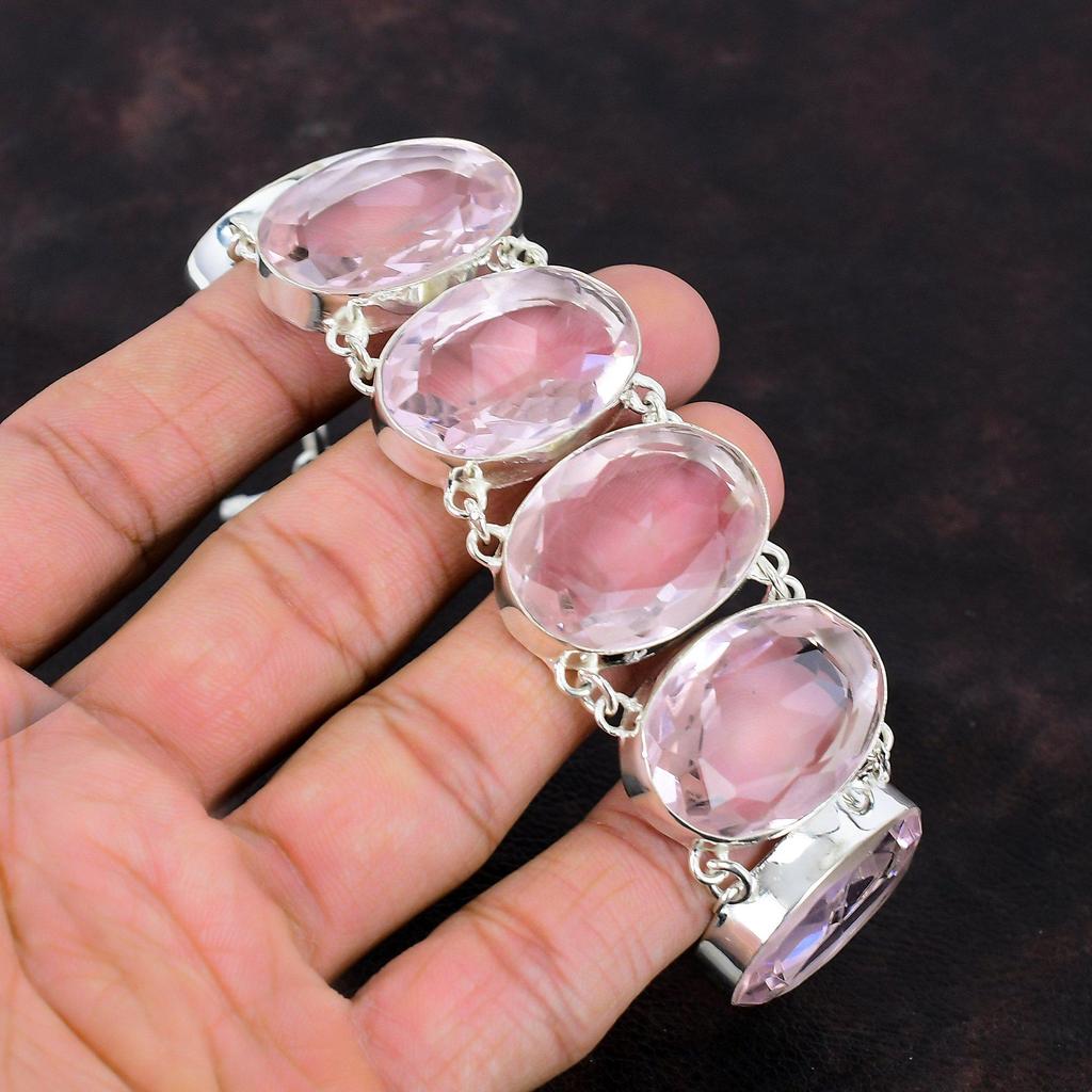 Граненый розовый браслет из кунцита Ювелирные изделия ручной работы Браслет из стерлингового серебра 925 пробы Браслет из натурального драгоценного камня Регулируемый браслет-цепочка Свадебный подарок