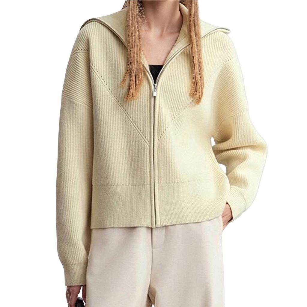 Женский модный повседневный топ укороченный с воротником поло темно-синего цвета и длинным рукавом, ленивый стиль, вязаный кардиган на молнии, куртка