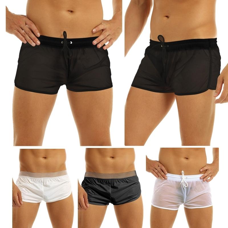 Men's See Through Sheer Drawstring Boxer Shorts Lounge Drawstring Swim Trunks Panties Underwear