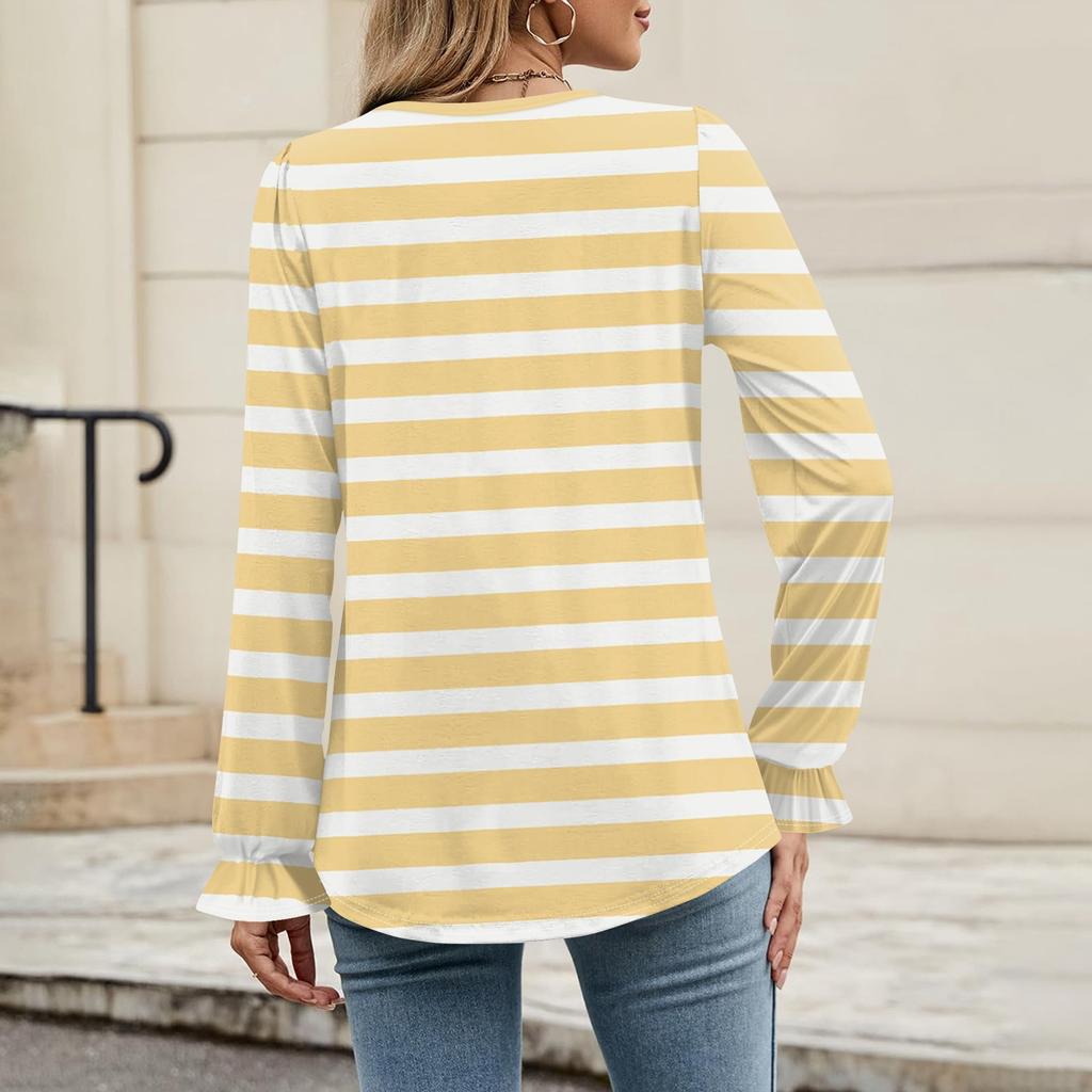 Women's Daily Casual Long-sleeved Striped Printed V-neck Top