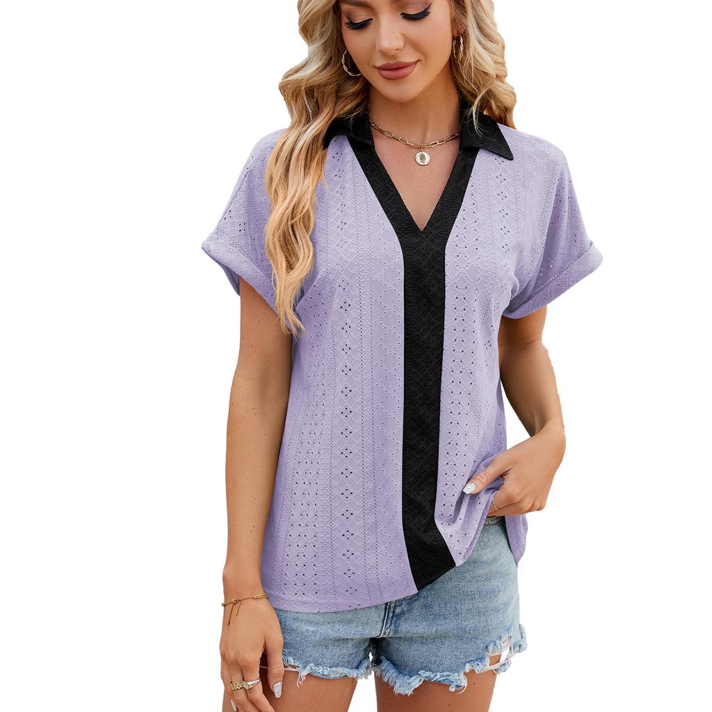 2026 Spring/Summer New V-neck Contrast Color Short Sleeve Loose T-shirt Women's Casual Top