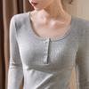 Threaded Button-down Bottoming Shirt Women's Autumn Clothing New Women's Clothing Solid Color Round Neck Front Shoulder T-shirt Waist Tight Top